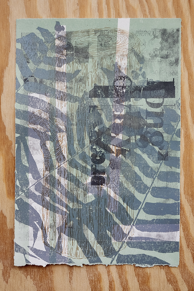 Monoprint in grey, pale green and black, with images of ferns, a log, and text.