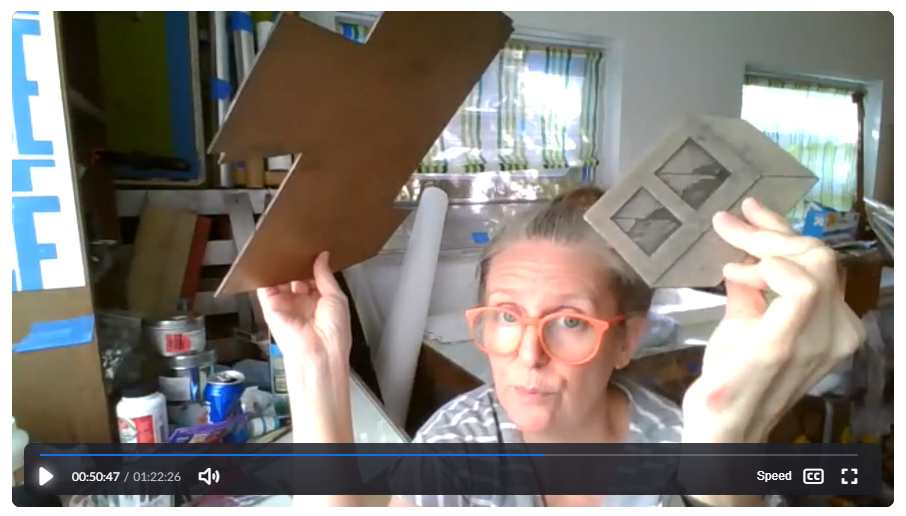 A screenshot from a Zoom printmaking lecture in which the professor is waving collagraph plates around her head.