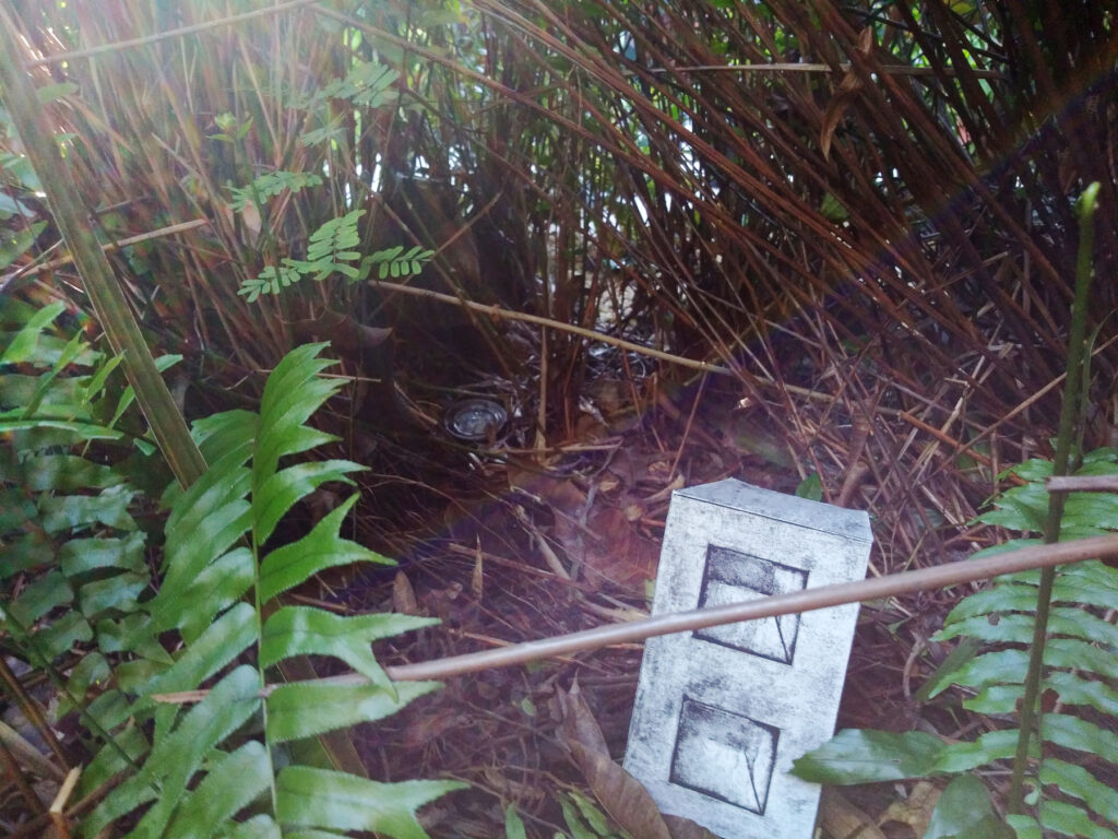 A photo of a small, collagraph sculpture hidden among some ferns, with a lens effect from the sun, and a bit of litter nearby.